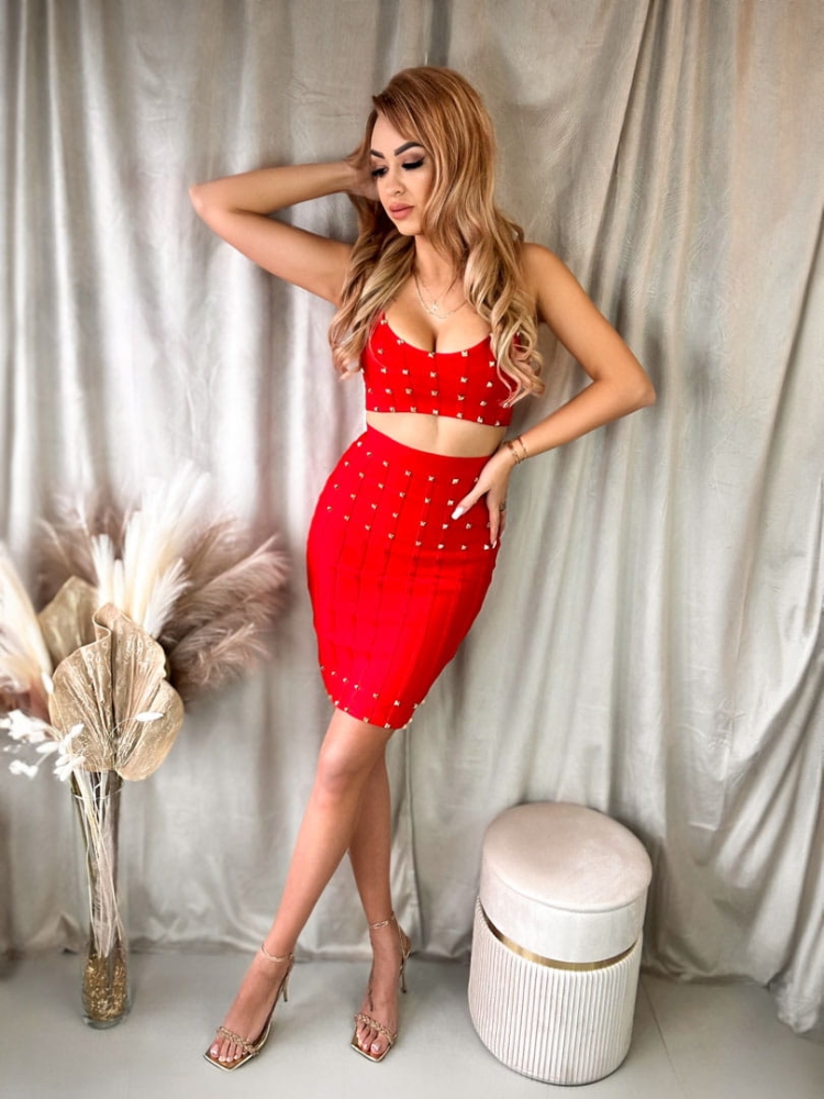 Komplet damski top+ spódnica czerwony ORELIA