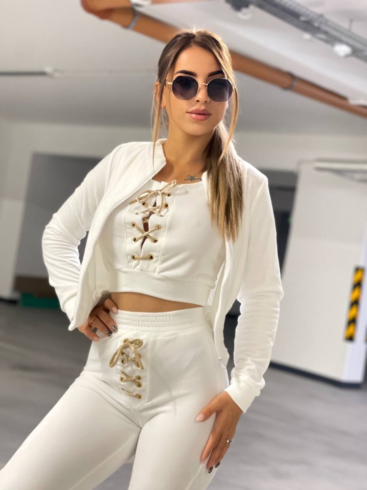 Trzyczęściowy dres welurowy ecru CAROLINE